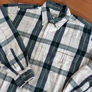 Vintage LL Bean Rangeley Flannel‎ Shirt Men L Cream Blue Green Plaid Pocket USA